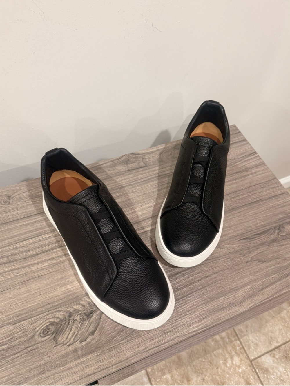 ZEGNA Triple Stitch Black & White Leather Slip-On Sneakers Men’s Size 11